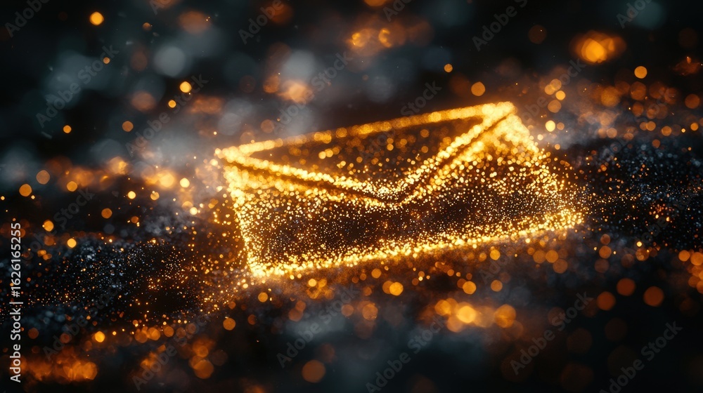 Poster glowing digital envelope symbolizing email or communication in a futuristic, sparkling light display