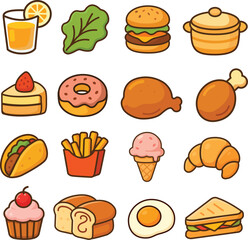 16 Kawaii Food Icons &ndash; Flat Cartoon Vector Set for Cute Design Projects