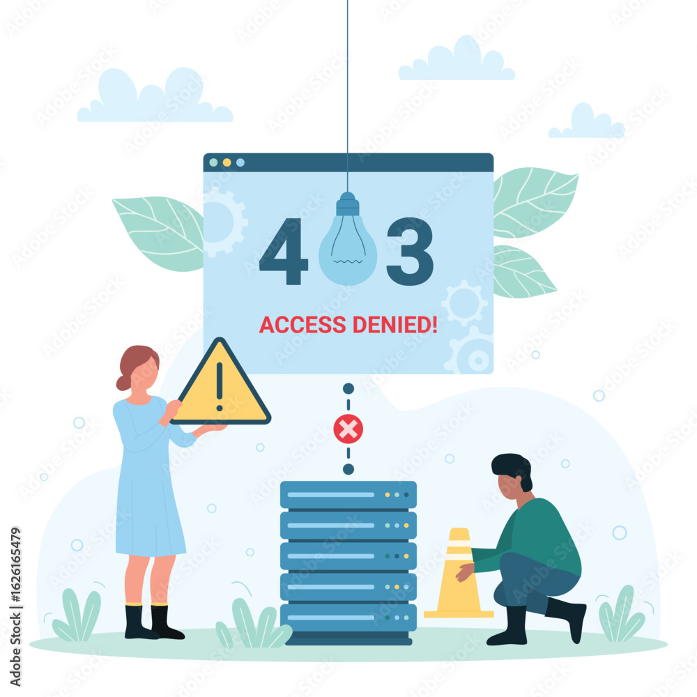 Poster 403 error, access denied vector illustration. cartoon tiny people holding warning problem message an