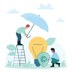 Copyright protection, patent law and authorship vector illustration. Cartoon tiny people holding umbrella and shield with copyright sign to protect light bulb as intellectual property of author