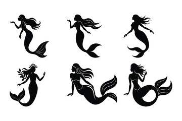 Black mermaid silhouettes with flowing hair and tails