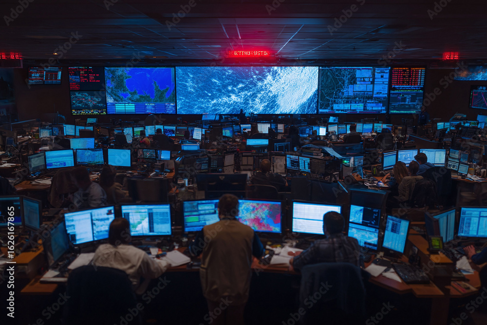 Aufkleber busy control room, illuminated by numerous computer screens, filled with data and activity, symboliz