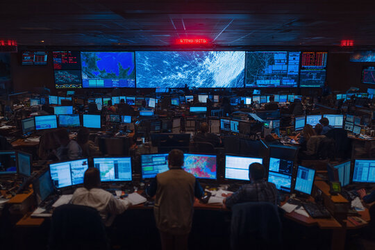 Busy control room, illuminated by numerous computer screens, filled with data and activity, symbolizing surveillance, technology, and global monitoring operations.