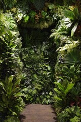 Lush green tropical foliage wall decor.  A pathway through dense vegetation