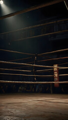 Intense boxing ring scene ready for a championship fight with dramatic spotlight and ringside crowd