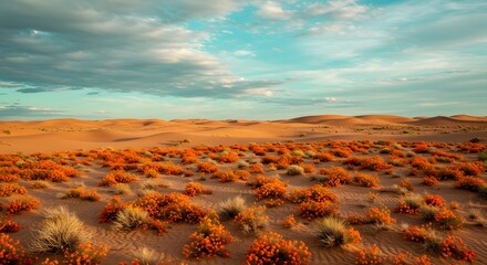A desert landscape with sand dunes and orange flowering plants under a cloudy blue and teal sky view