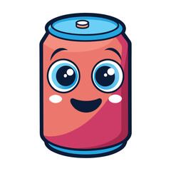 Adorablesoda can icon with big sparkling eyes and a cheerful smile, designed in kawaii cartoon style. Perfect for use in food, drink, or kids-related design projects.