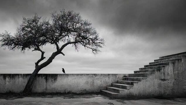 A solitary crow perched on a wall, beneath a barren tree, beside weathered steps