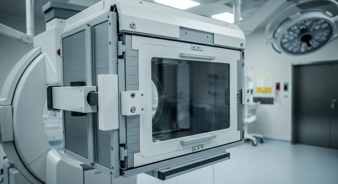 Medical C Arm Imaging System in Operating Room Showcasing Advanced White Silver and Transparent Design for Diagnosis and Surgical Procedures - Powered by Adobe