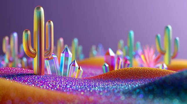 Iridescent desert landscape with glass cactus and crystal formations on sparkling sand dunes creating surreal and magical atmosphere