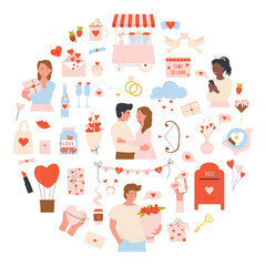 This cheerful vector illustration features couples celebrating their love with hearts, colorful flowers, meaningful gifts, and romantic elements that embody affection and happiness