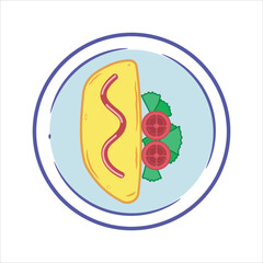 Omelet with Tomato and Lettuce on Plate – Vector Food Illustration