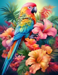 Fototapeta premium Colorful Parrot Perched in Lush Foliage – Orange and Pink Hibiscus in Soft Natural Light