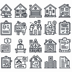 Real estate and housing line icon set. Vector symbols for property, mortgage, agents, and selling homes. Outline illustrations for web and print design.
