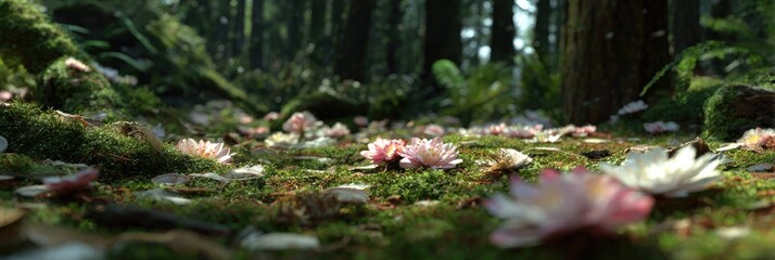 Delicate pink flowers carpet a mossy forest floor bathed in sunlight