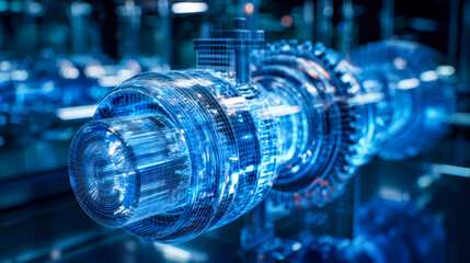 Advanced digital rendering of mechanical components with futuristic blue holographic design