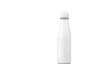 White glossy insulated water bottle with a silver cap on a transparent backdrop.