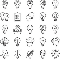 Collection of Idea and Innovation Icons in Black and White Thin Line Style Representing Creativity and Problem Solving