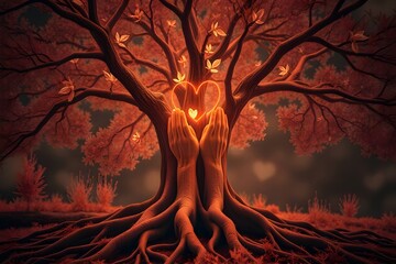 Glowing heart protected by human hands grown from tree. Life preservation and emotional safety