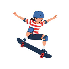 Fototapeta premium Cartoon illustration of a young fencer in white uniform with a foil, wearing a helmet, smiling and ready for a match.