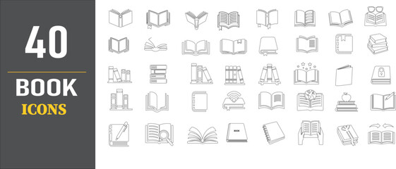Set of 40 Book Icons – Reading, Library, Education, Literature, and Study Tools Vector Pack