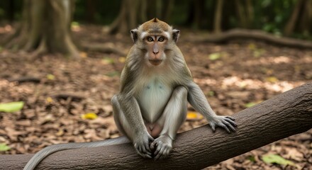 Obraz premium Wild long-tailed macaque monkey sitting on a tree branch in a lush tropical forest, looking directly into the camera