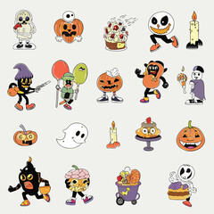 Fototapeta premium Cute Retro Halloween Cartoon Characters in Sticker Style