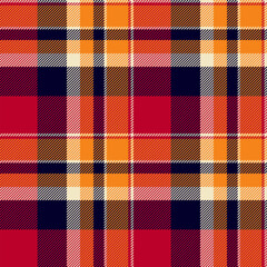 Vibrant autumnal plaid pattern.  Warm oranges, reds, and deep blues create a cozy, textured design perfect for fall fashion, home decor, or seasonal branding.