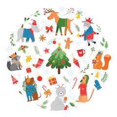 Circular design of cheerful animals like deer, foxes, and squirrels surrounded by Christmas elements such as gifts, trees, and snowflakes. A playful vector illustration for festive designs.