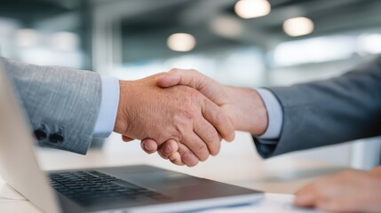 Businessmen shaking hands over laptop in office meeting