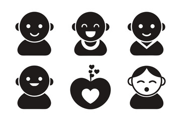 Set of six black and white vector icons representing different peoples faces and a heart symbol, isolated on a white background