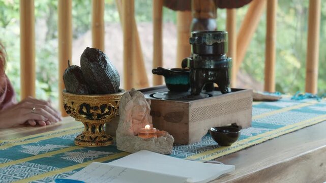 Tea ceremoy on the wooden table before the start of the gong ceremony