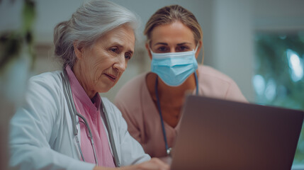 An elegantly crafted scene showing collegial healthcare team: doctor, nurse, and medical assistant in action - caring for a patient with laptop and stethoscope in a contemporary hospital environment.