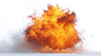 Explosion With Fiery Orange And Yellow Flames Against A White Background. Dramatic Depiction Of A Powerful Blast