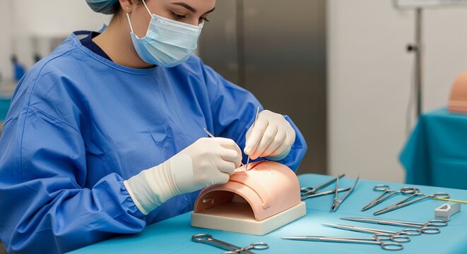Medical Student in Blue Scrubs Practices Suturing on a Training Mannequin with Surgical Tools in a Well Lit Laboratory Setting