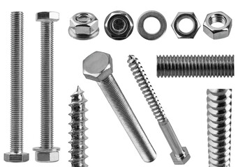 screws and self-tapping screws made of white metal, isolate on a white background, space for text