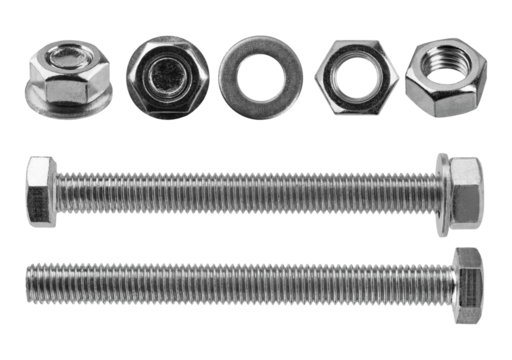 screws and self-tapping screws made of white metal, isolate on a white background, space for text
