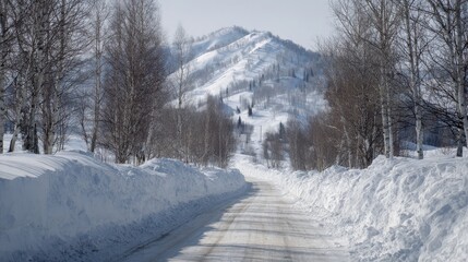Fototapeta premium Snowy Mountain Road Lined With Bare Trees In Winter Landscape. Serene And Tranquil Winter Scene