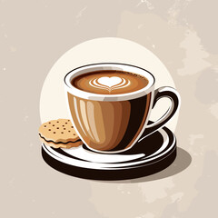 Obraz premium Coffee cup with heart latte art and cookie on saucer 