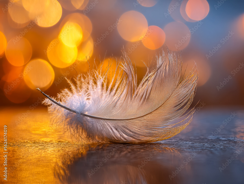 Poster delicate feather resting on a reflective surface with warm bokeh lighting background