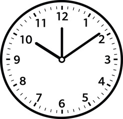 Analog wall clock showing 10 o'clock, simple black and white timepiece, vector clock face design for print, web, and UI