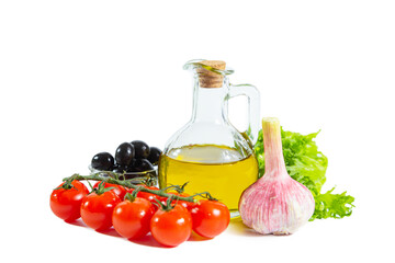Olive oil, cherry tomatoes, olives, garlic and frillice lettuce leaves.