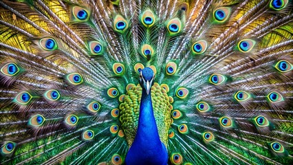 Obraz premium Majestic Peacock Display: Vibrant, Detailed Close-up of a Male Indian Peacock's Plumage