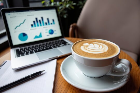 Aerial view of coffee shop workspace with latte, laptop displaying KPI Business Analytics Dashboard, and notebook with pen