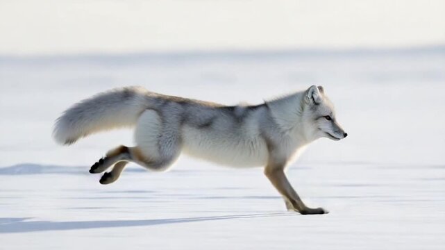 Arctic Fox Leaping Across Snow Covered Landscape Daylight