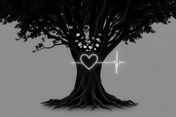 Dark tree with flying butterflies and heartbeat. Symbolizing hope and renewal after mental struggles. World Suicide Prevention Day September 10