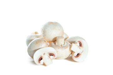 Whole and sliced ​​champignons isolated on white background.
