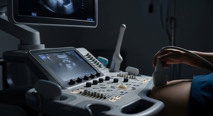 Medical Ultrasound Machine Displaying Grayscale Image with Medical Professional Using a Probe on Patient in Dimly Lit Room