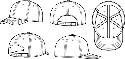 Baseball cap technical flat sketch, vector outline drawing, front, back, side, top view, detailed sportswear hat template