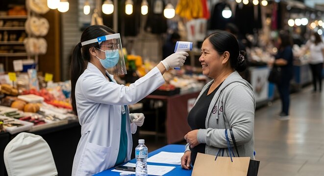 Medical Worker Checks Woman's Temperature at Crowded Market Stall with Protective Gear Amidst Bright Overhead Lighting and People in the Background - Powered by Adobe